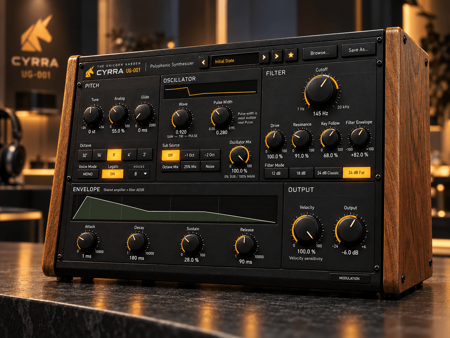 CYRRA UG-001 polyphonic synthesizer, shown in its walnut-trimmed studio design