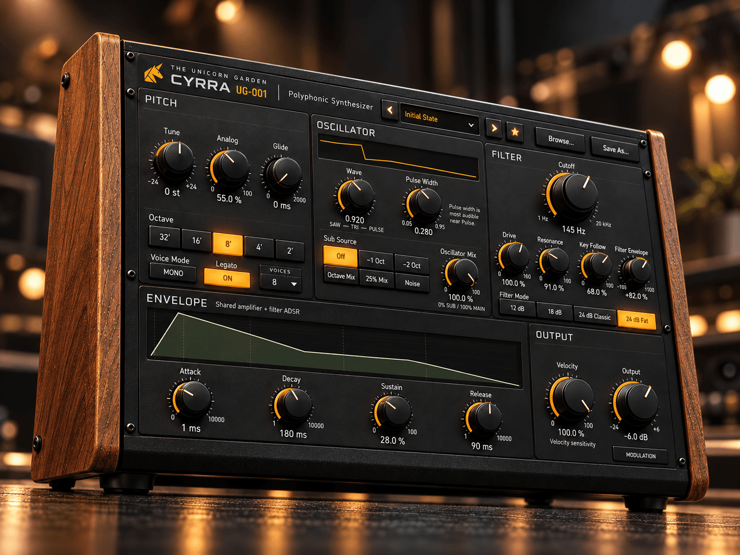 CYRRA UG-001 from an angled view, showing its walnut sides and amber controls