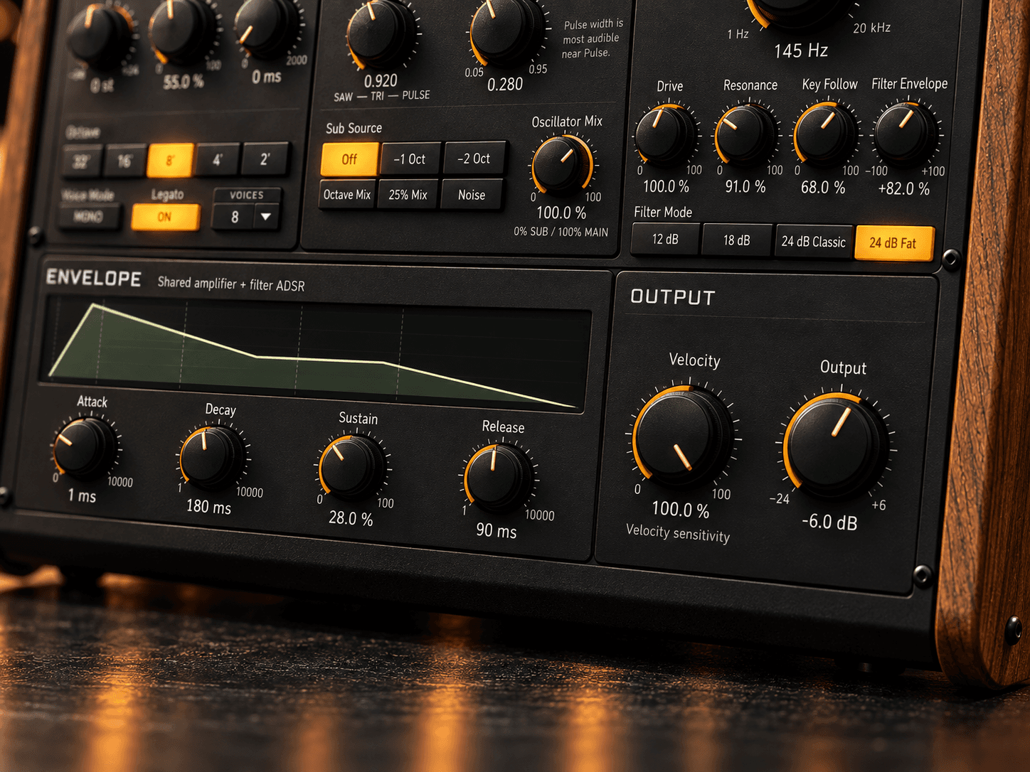 CYRRA's analog-inspired oscillator, resonant filter, envelope and output controls