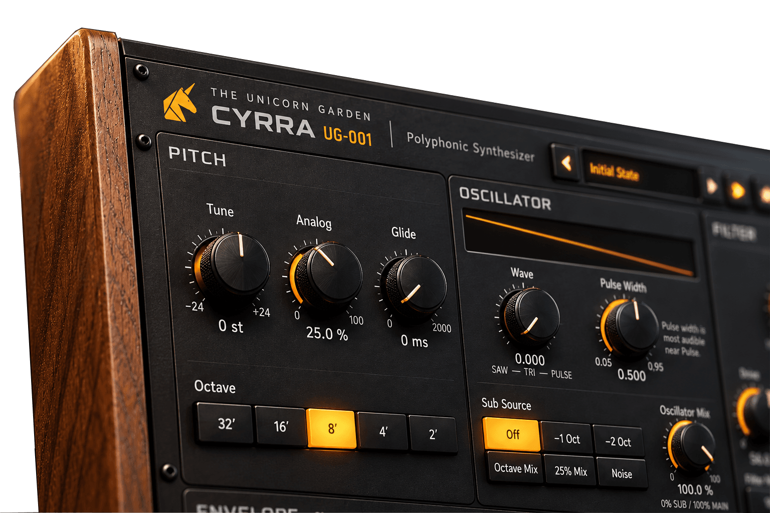 Close-up of CYRRA UG-001 amber controls and walnut trim
